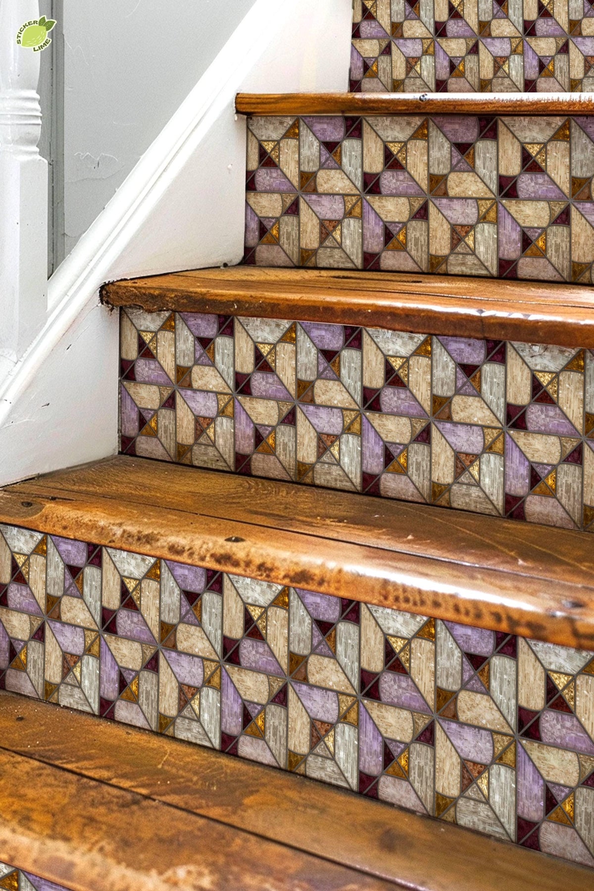 Iridescent Stained Glass Geometric Motif peel and stick stair riser decals, photo 3 of 8