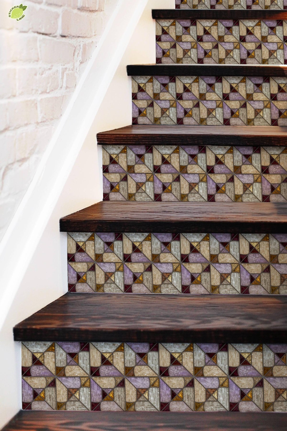 Iridescent Stained Glass Geometric Motif peel and stick stair riser decals, photo 5 of 8