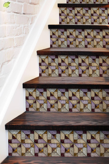 Iridescent Stained Glass Geometric Motif peel and stick stair riser decals, photo 5 of 8