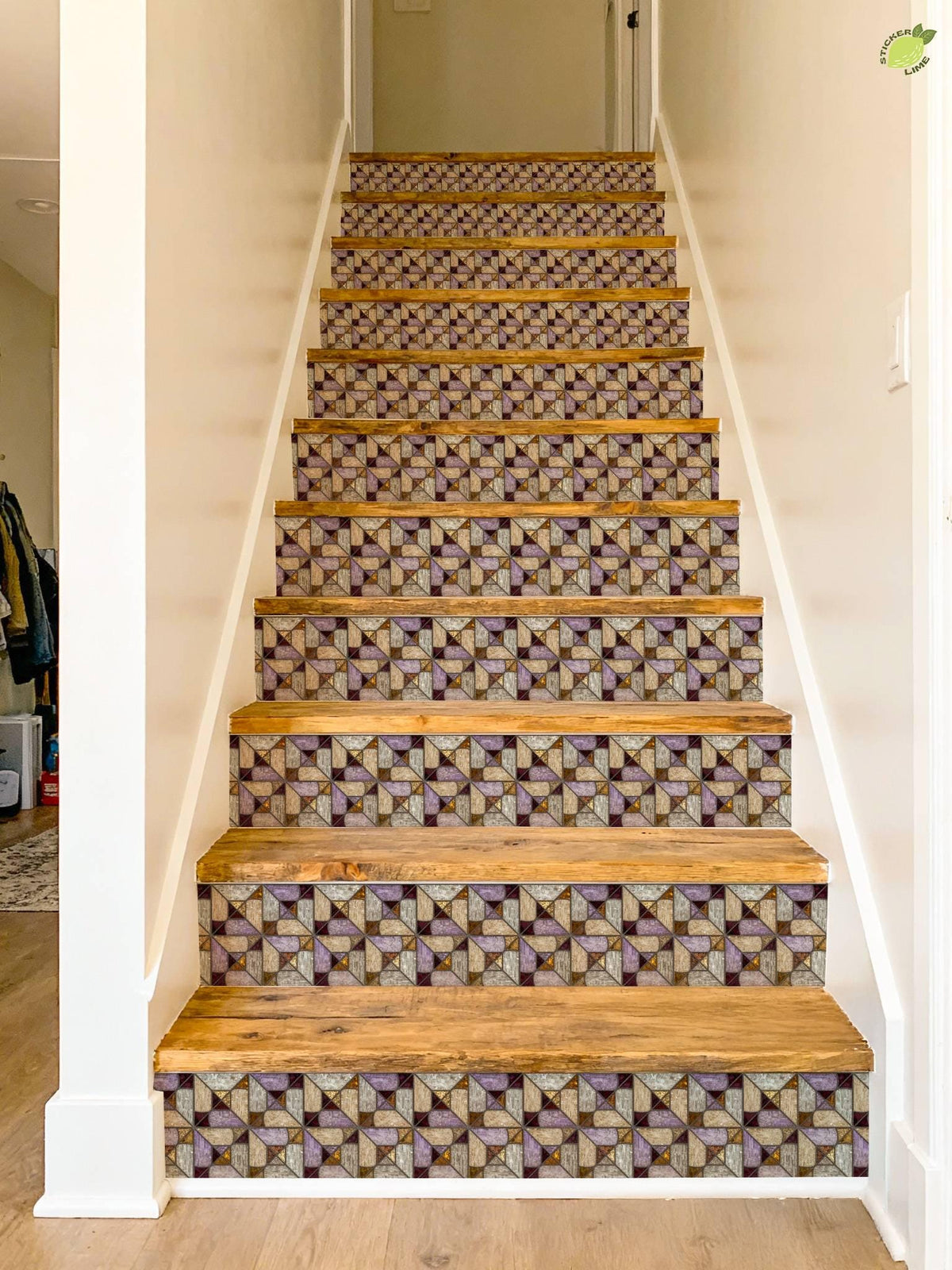 Iridescent Stained Glass Geometric Motif peel and stick stair riser decals, photo 6 of 8