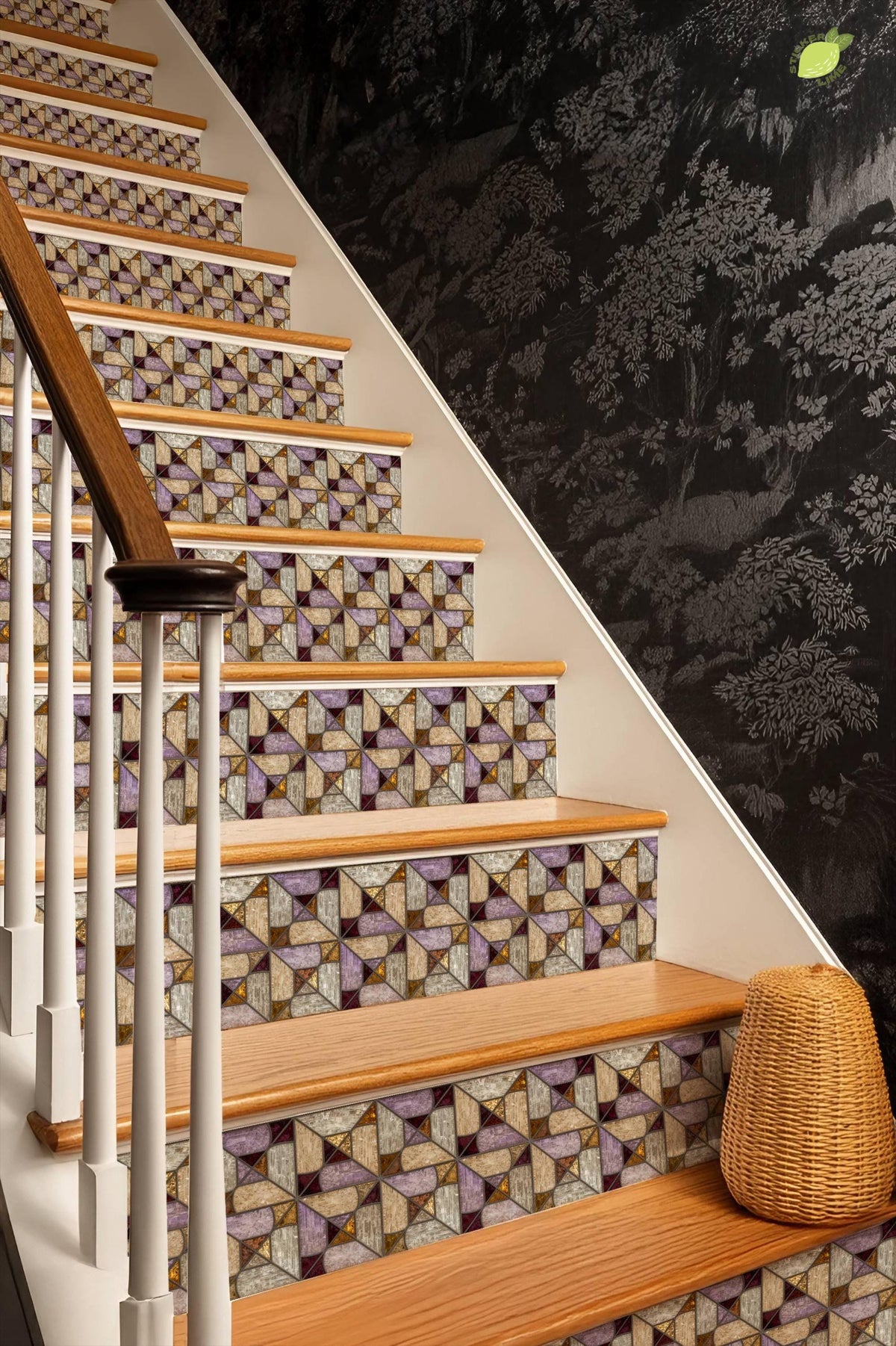 Iridescent Stained Glass Geometric Motif peel and stick stair riser decals, photo 8 of 8