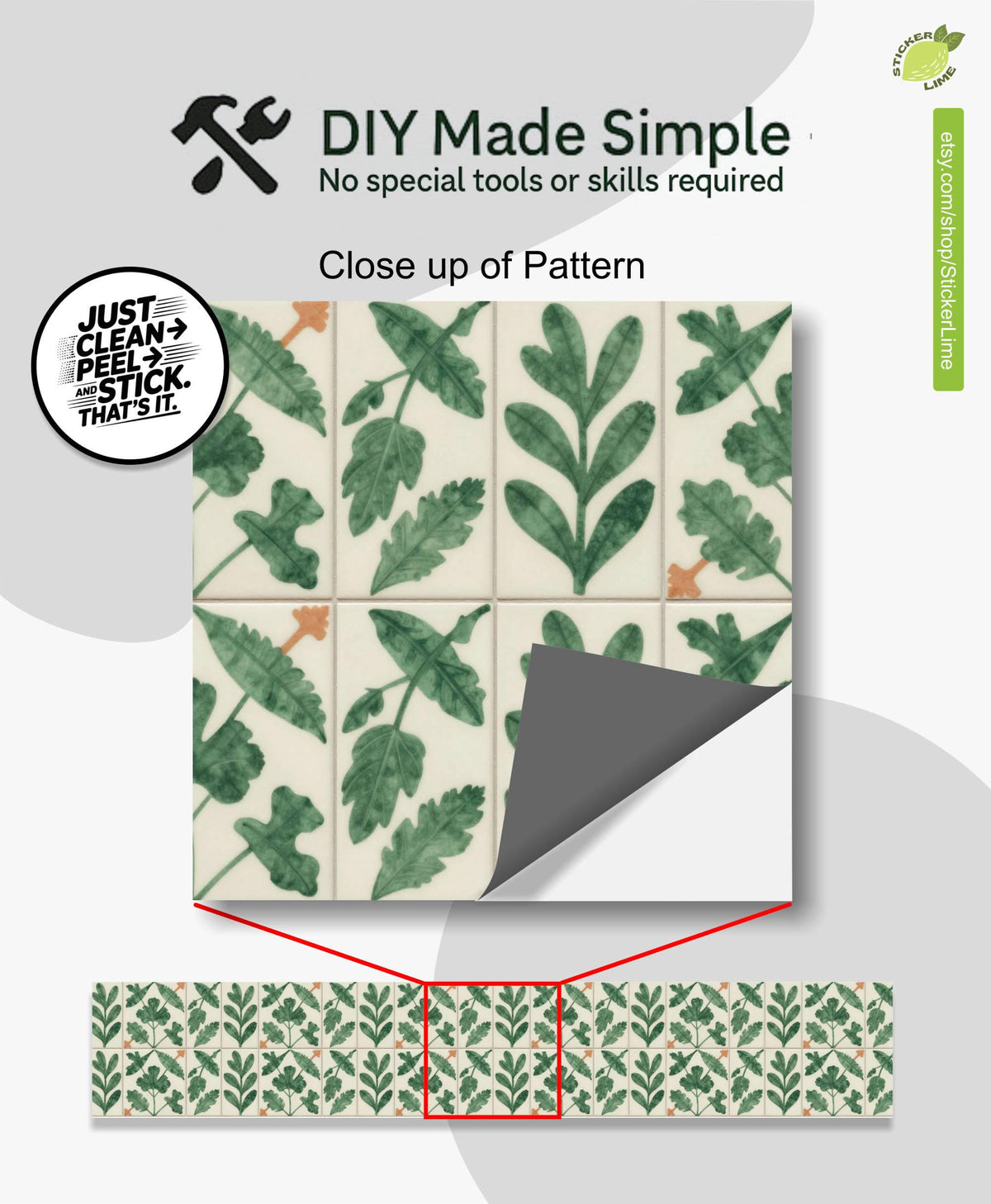 Jade Botanical Herringbone peel and stick stair riser decals, photo 2 of 8