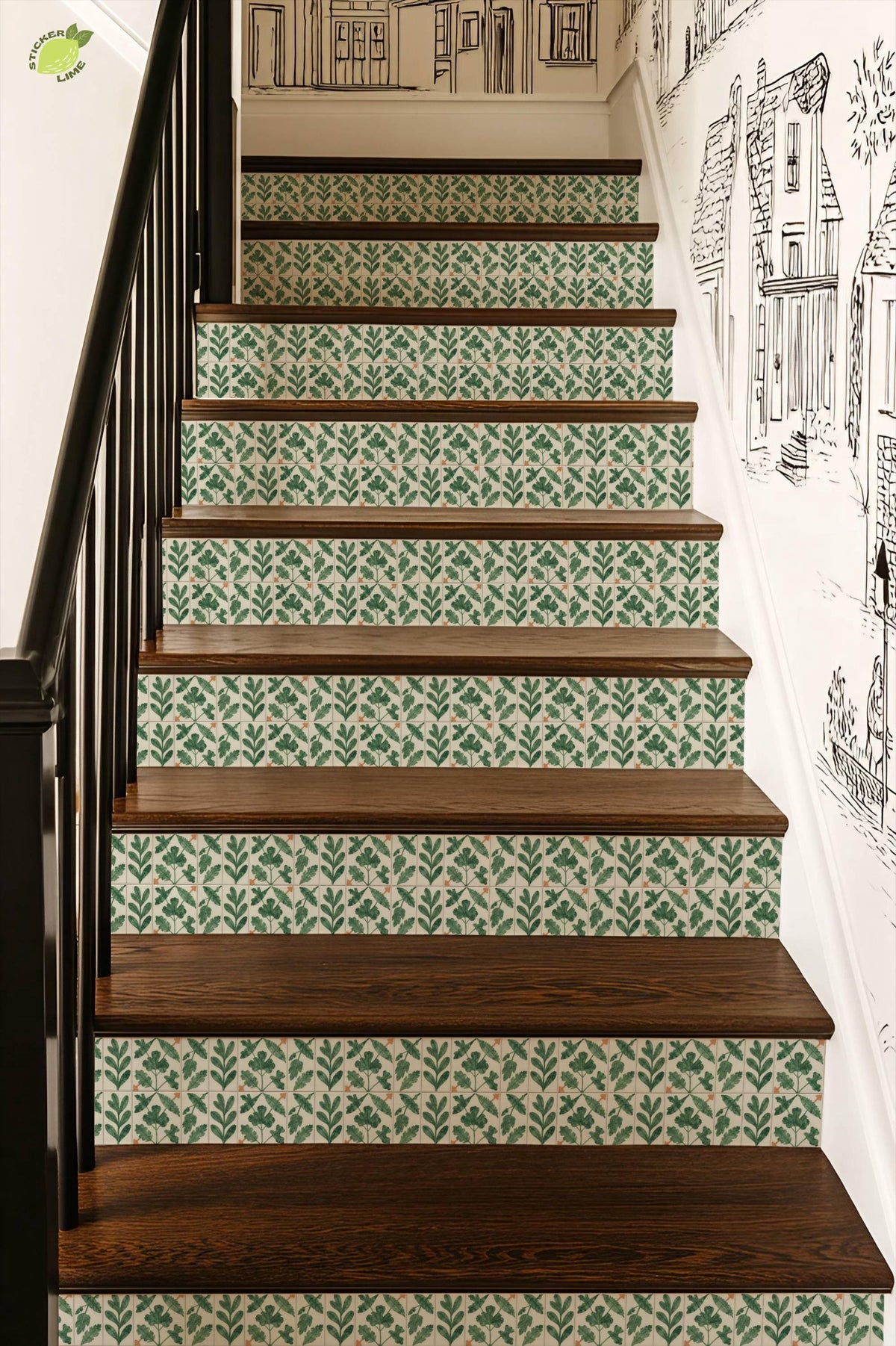 Jade Botanical Herringbone peel and stick stair riser decals, photo 4 of 8
