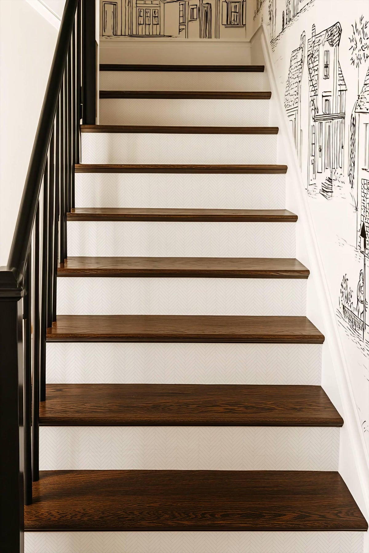 White & Gray Light Grey Athens Harringbone peel and stick stair riser decals