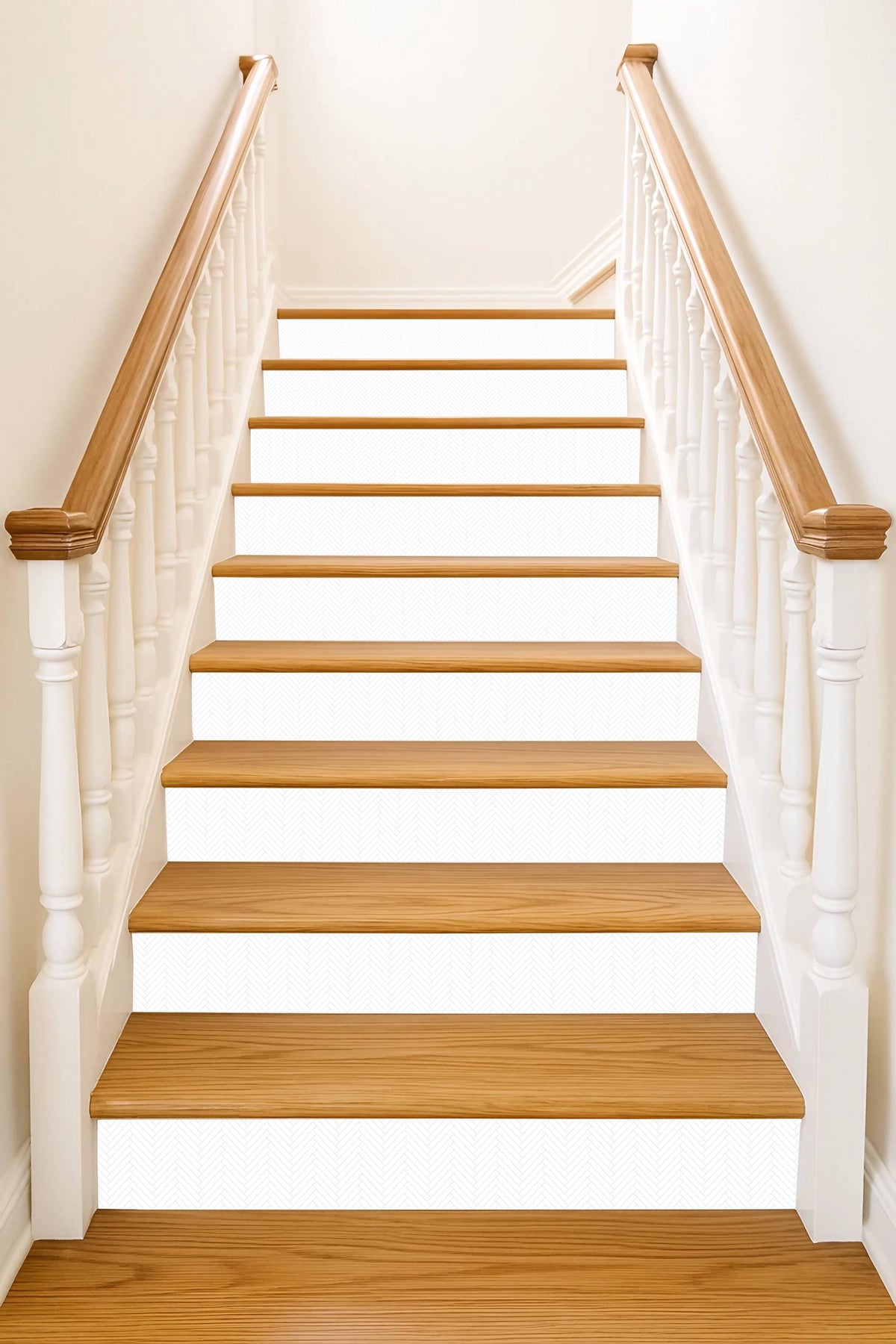 White & Gray Light Grey Athens Harringbone peel and stick stair riser decals, photo 3 of 5