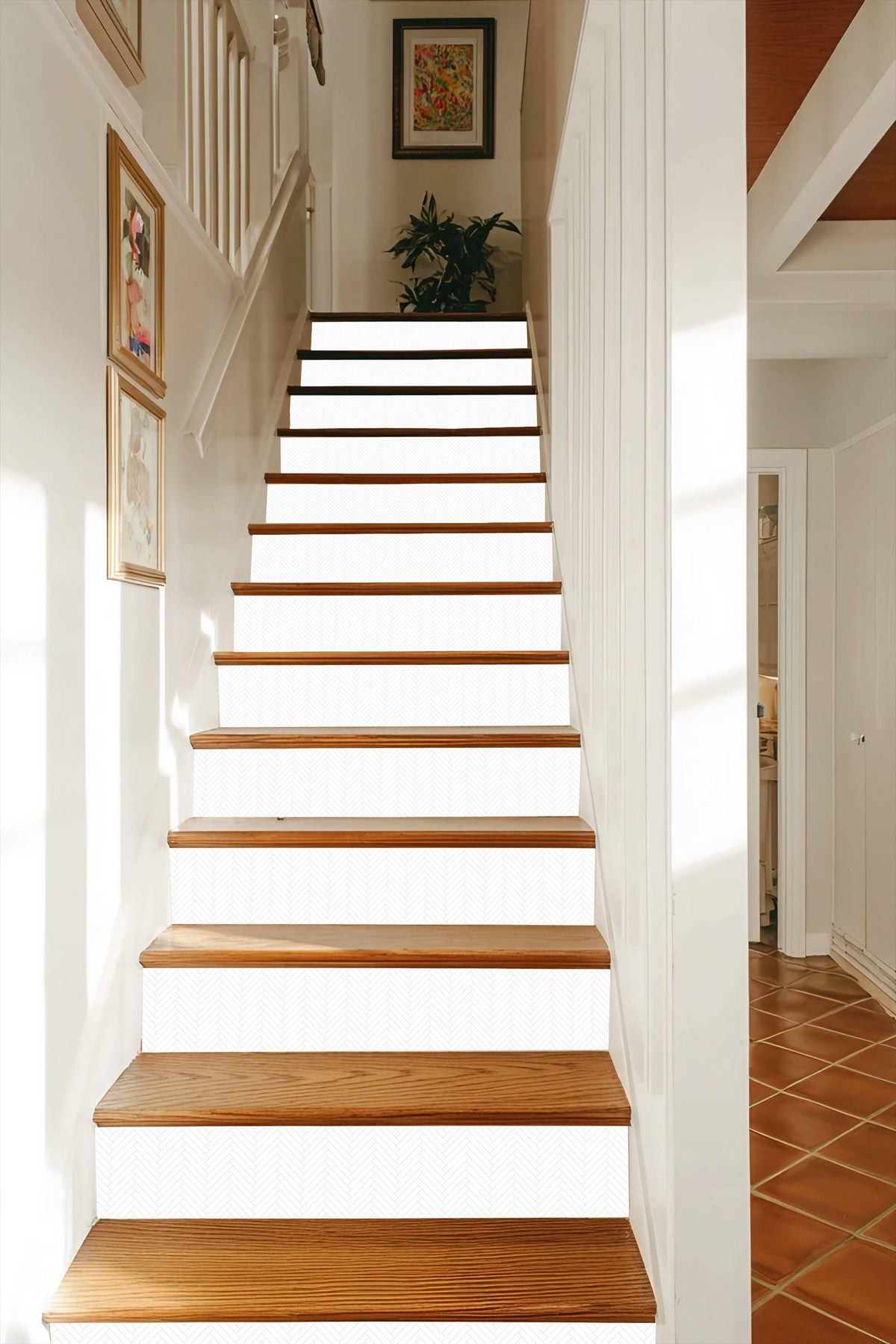 White & Gray Light Grey Athens Harringbone peel and stick stair riser decals, photo 4 of 5