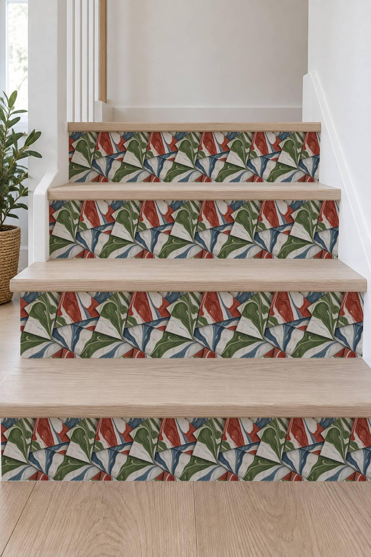 Marbled Origami Geometric Colored Pencil peel and stick stair riser decals, photo 7 of 8