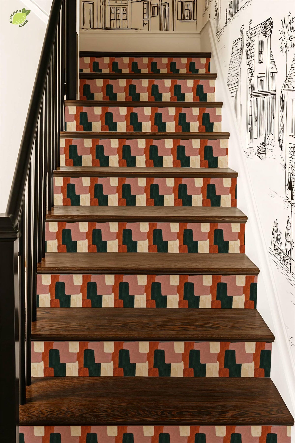 Mid Century Modern Interlocking Geometric peel and stick stair riser decals, photo 7 of 8