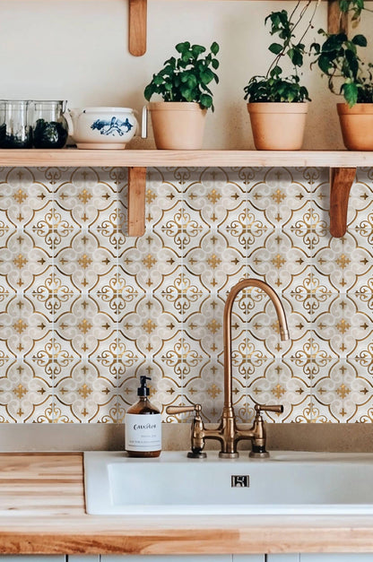 White & Gold Moroccan peel and stick tile decals