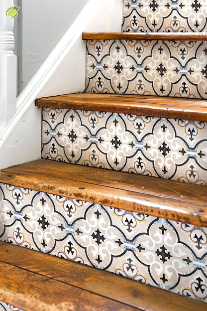 Beige & Black Moroccan Tile peel and stick stair riser decals, photo 2 of 8