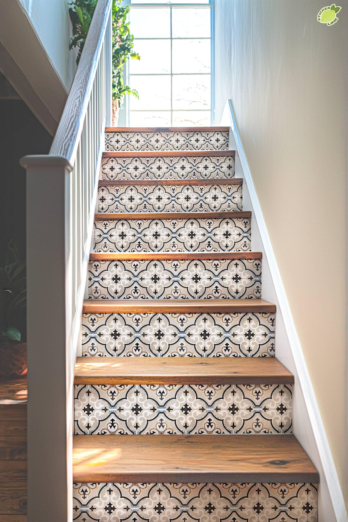 Beige & Black Moroccan Tile peel and stick stair riser decals, photo 4 of 8
