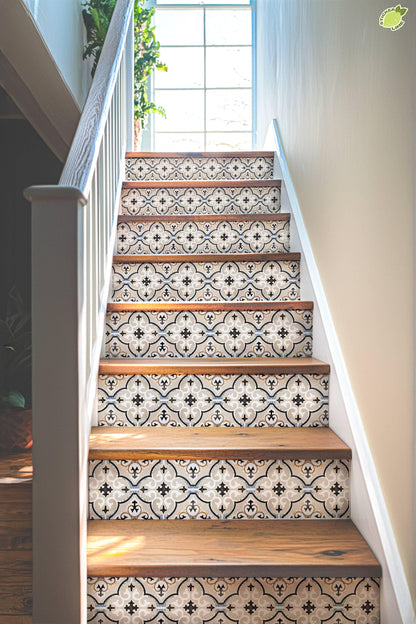 Beige & Black Moroccan Tile peel and stick stair riser decals, photo 4 of 8