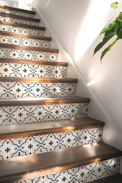 Beige & Black Moroccan Tile peel and stick stair riser decals, photo 5 of 8