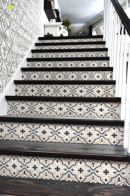 Beige & Black Moroccan Tile peel and stick stair riser decals, photo 6 of 8