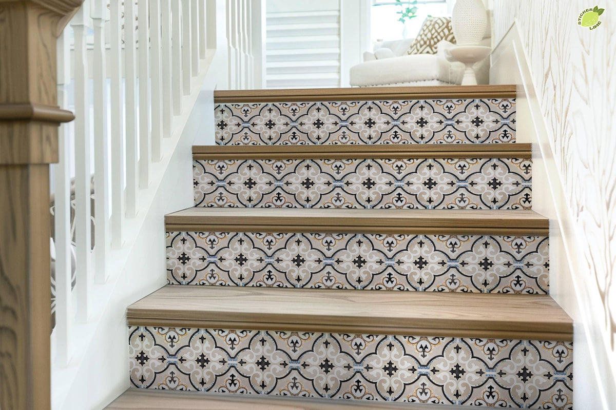 Beige & Black Moroccan Tile peel and stick stair riser decals, photo 7 of 8