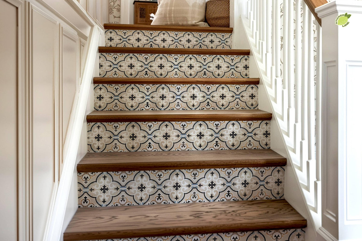 Beige & Black Moroccan Tile peel and stick stair riser decals, photo 8 of 8
