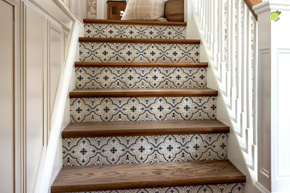 Beige & Black Moroccan Tile peel and stick stair riser decals, photo 8 of 8