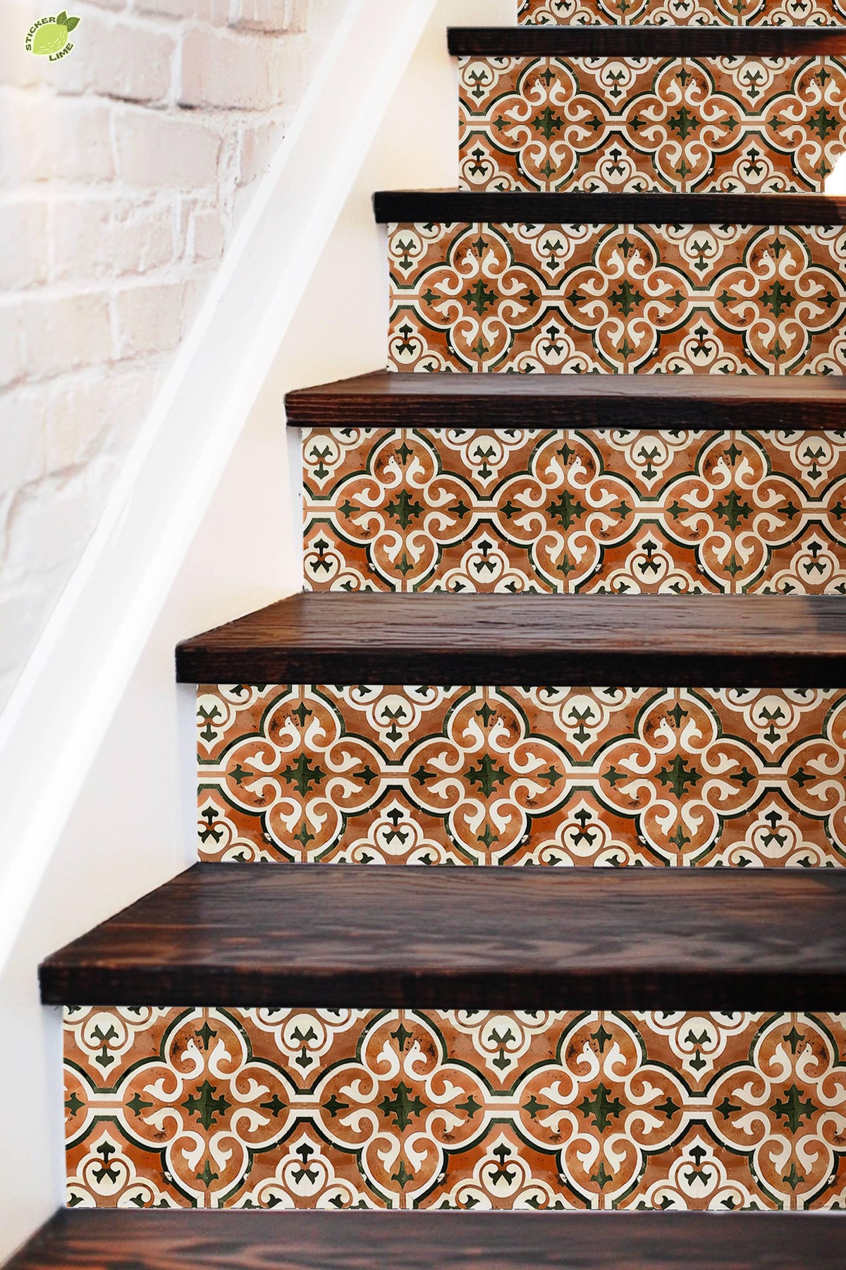 Brown & White Moroccan Tile peel and stick stair riser decals, photo 2 of 8