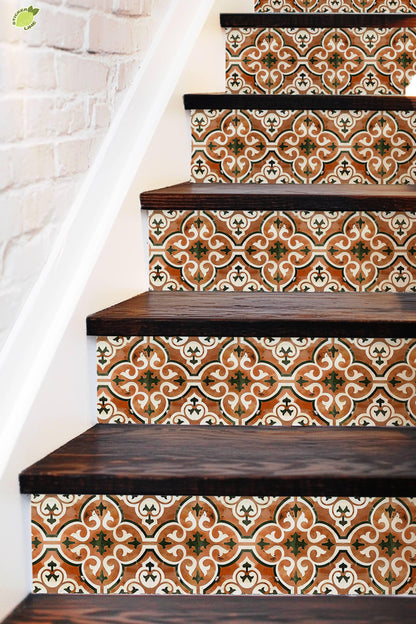 Brown & White Moroccan Tile peel and stick stair riser decals, photo 2 of 8