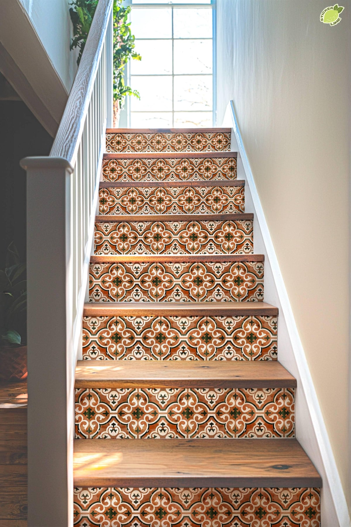 Brown & White Moroccan Tile peel and stick stair riser decals, photo 4 of 8