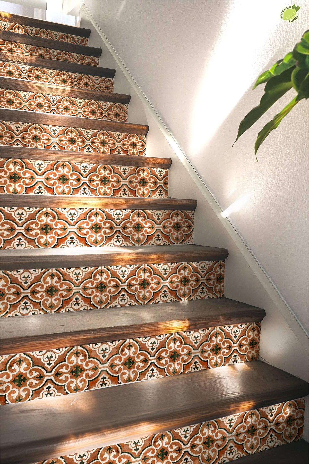 Brown & White Moroccan Tile peel and stick stair riser decals, photo 5 of 8