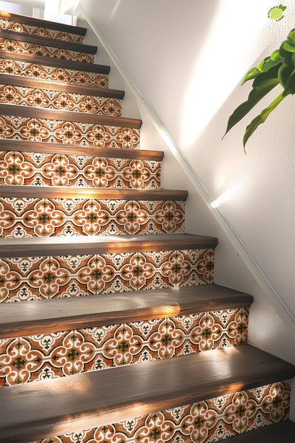 Brown & White Moroccan Tile peel and stick stair riser decals, photo 5 of 8