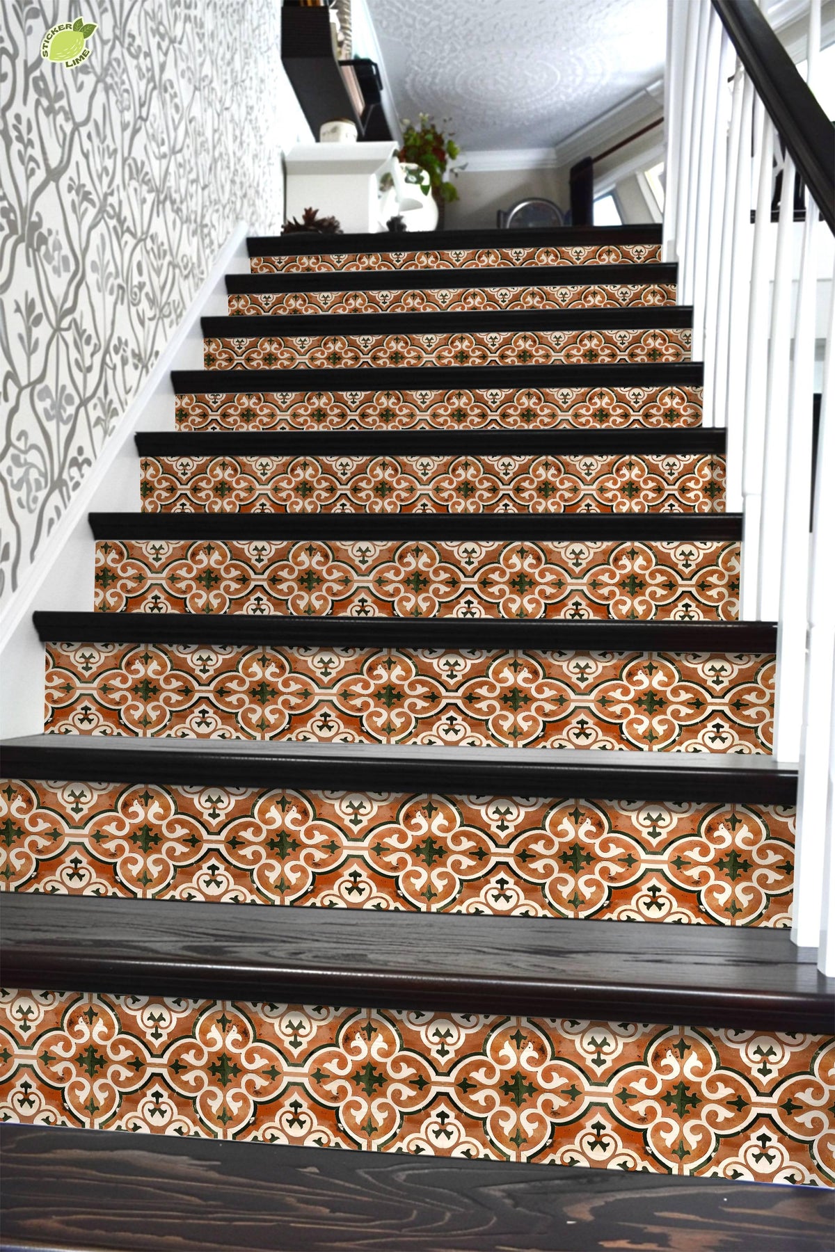 Brown & White Moroccan Tile peel and stick stair riser decals, photo 6 of 8