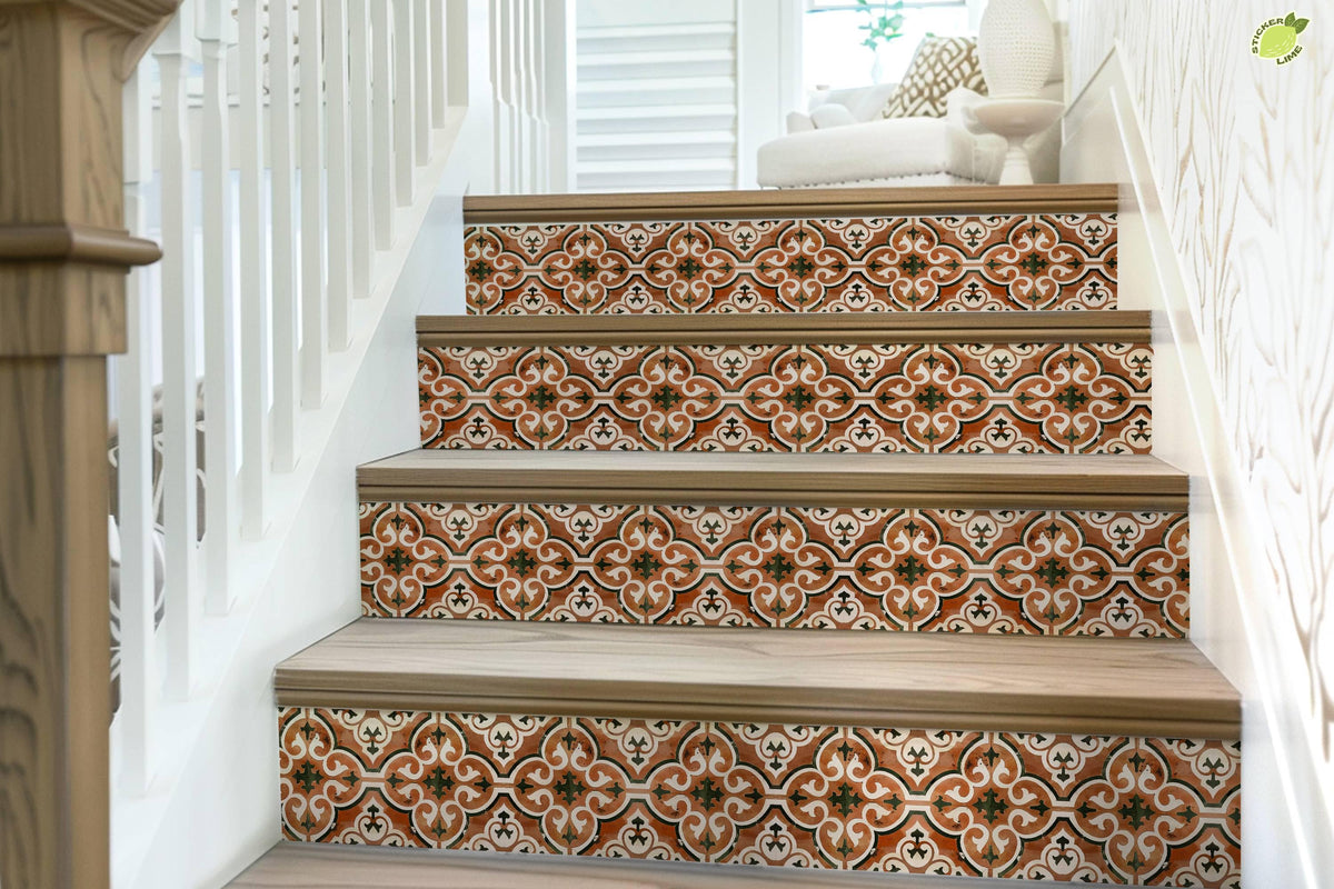 Brown & White Moroccan Tile peel and stick stair riser decals, photo 7 of 8