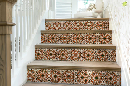 Brown & White Moroccan Tile peel and stick stair riser decals, photo 7 of 8