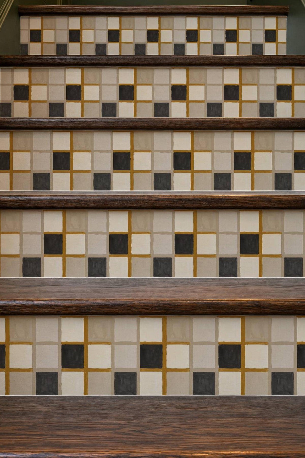 Mustard Linen Grid peel and stick stair riser decals