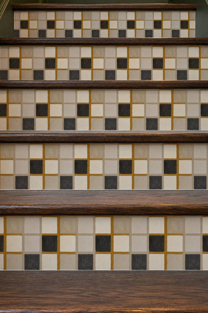 Mustard Linen Grid peel and stick stair riser decals