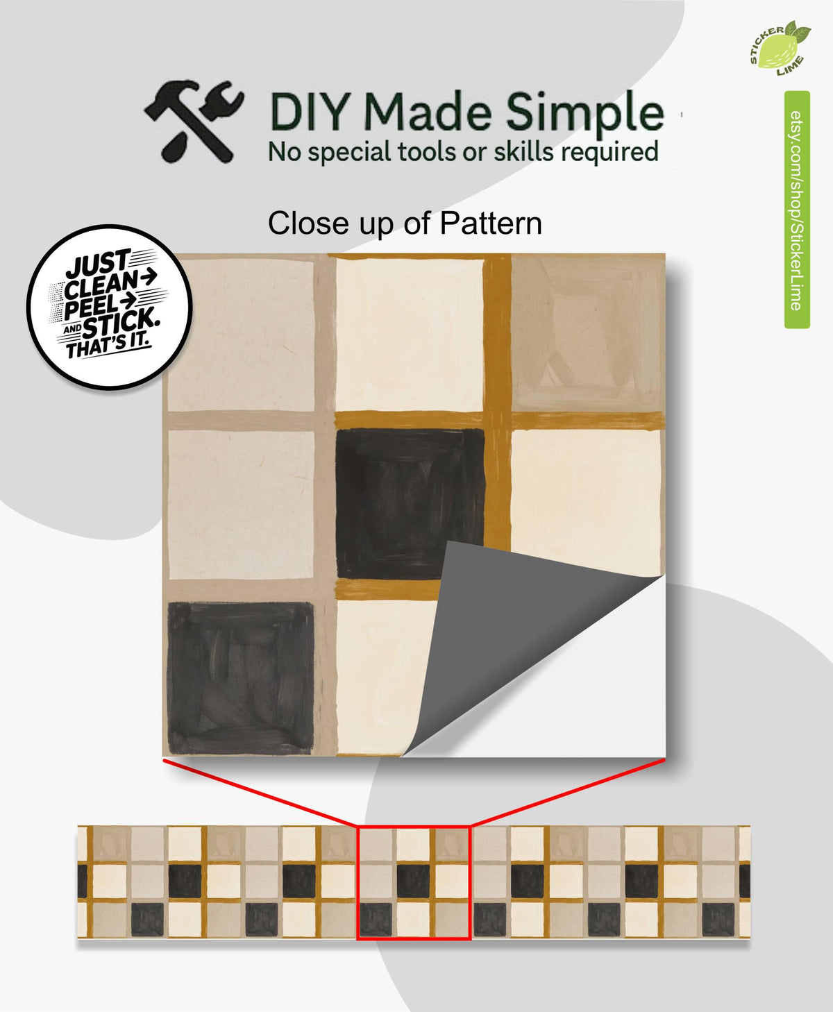 Mustard Linen Grid peel and stick stair riser decals, photo 2 of 8