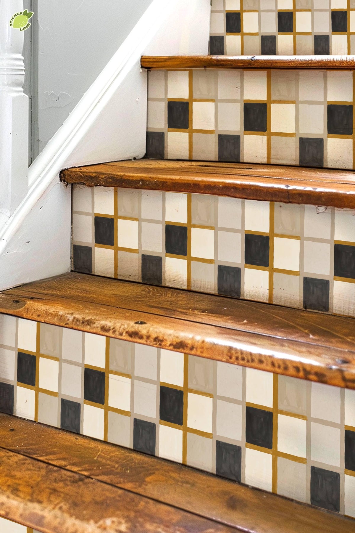 Mustard Linen Grid peel and stick stair riser decals, photo 3 of 8