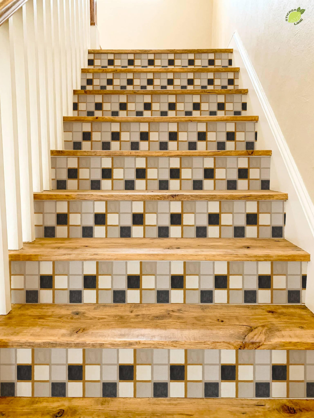 Mustard Linen Grid peel and stick stair riser decals, photo 4 of 8