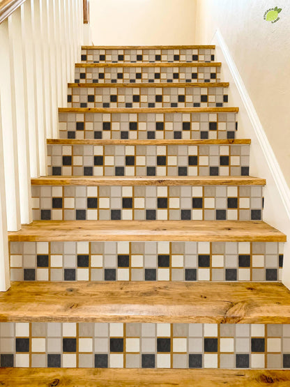 Mustard Linen Grid peel and stick stair riser decals, photo 4 of 8