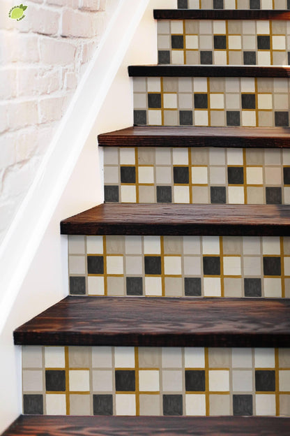 Mustard Linen Grid peel and stick stair riser decals, photo 5 of 8