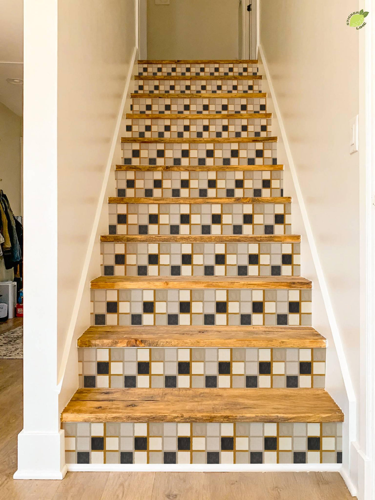Mustard Linen Grid peel and stick stair riser decals, photo 6 of 8