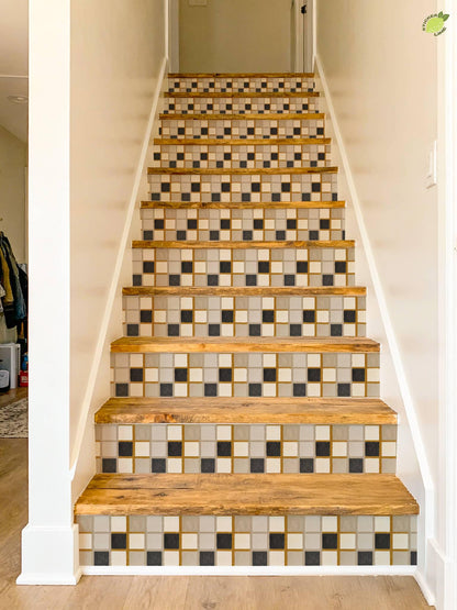 Mustard Linen Grid peel and stick stair riser decals, photo 6 of 8