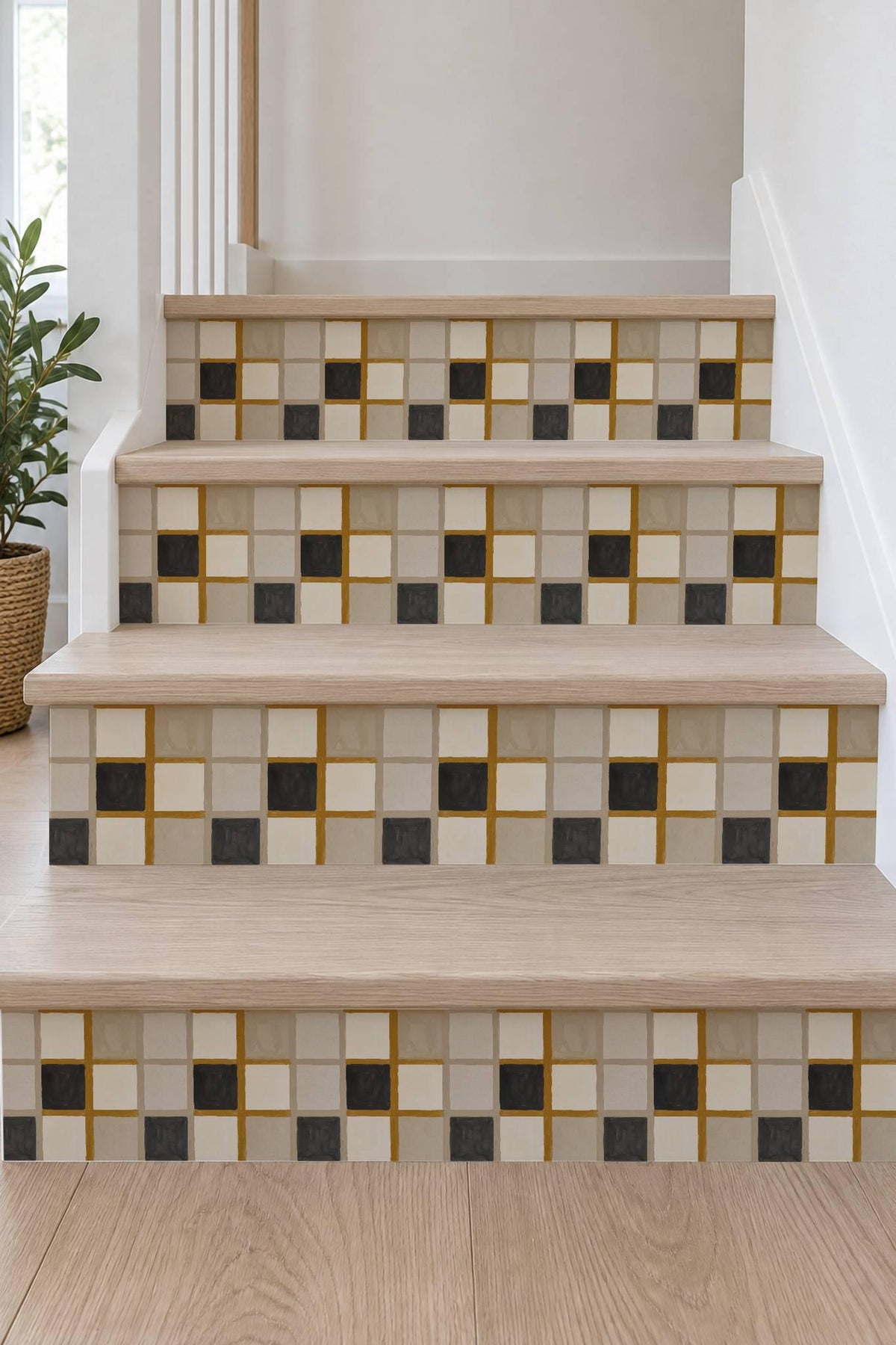 Mustard Linen Grid peel and stick stair riser decals, photo 7 of 8