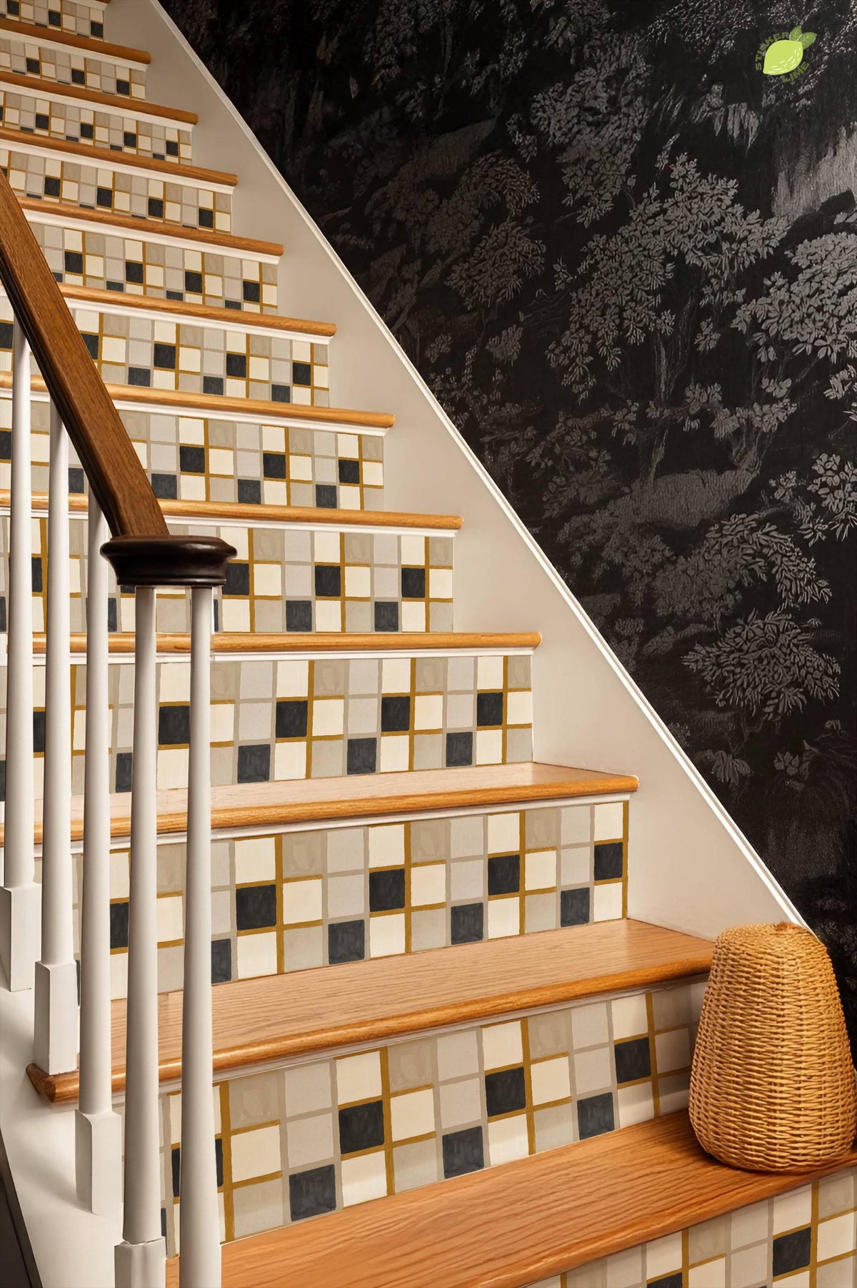 Mustard Linen Grid peel and stick stair riser decals, photo 8 of 8