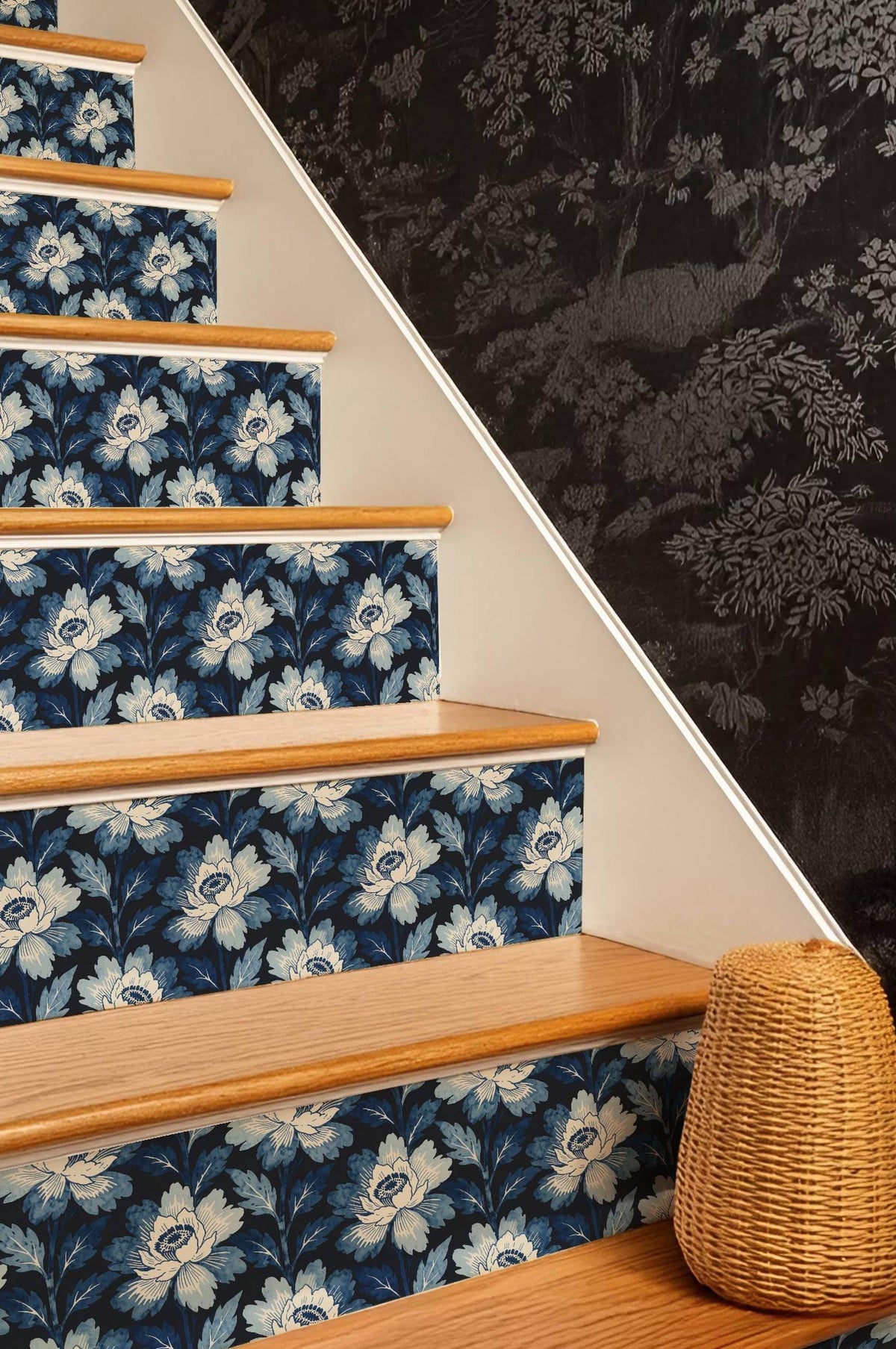 Navy Botanical Bloom peel and stick stair riser decals