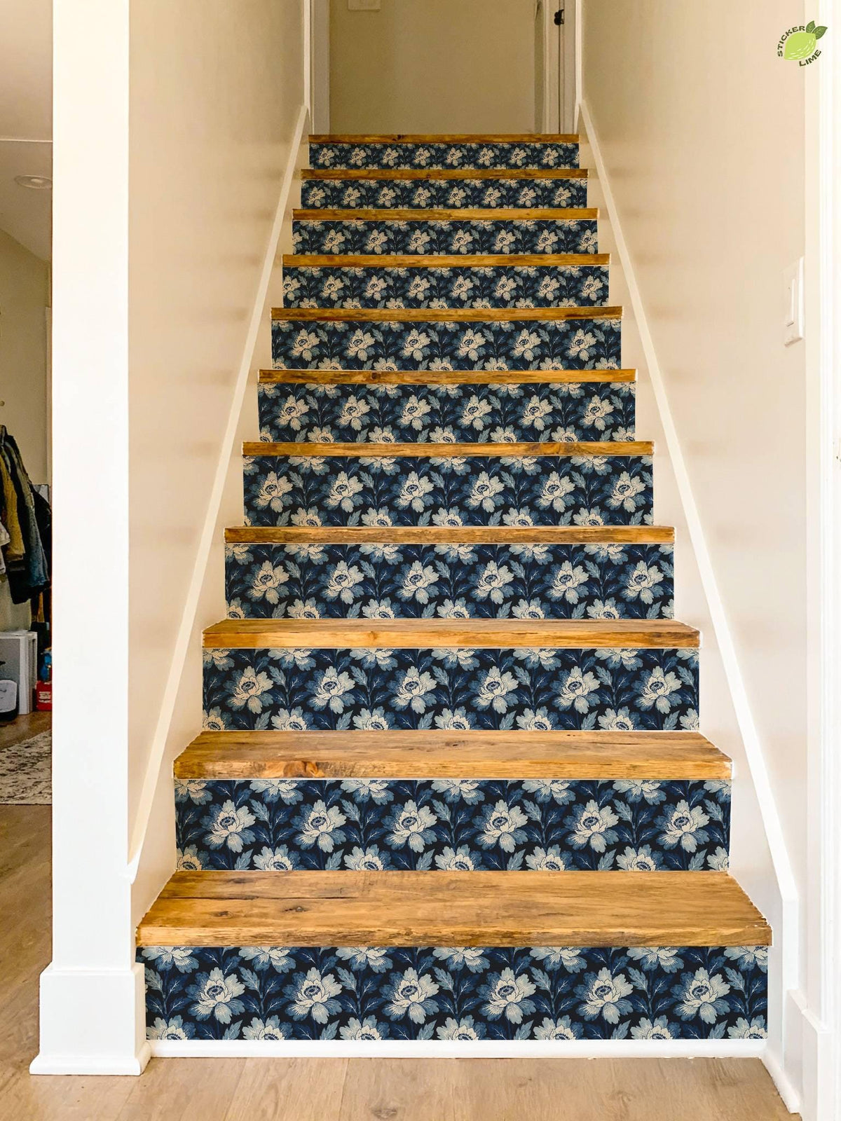 Navy Botanical Bloom peel and stick stair riser decals, photo 6 of 8