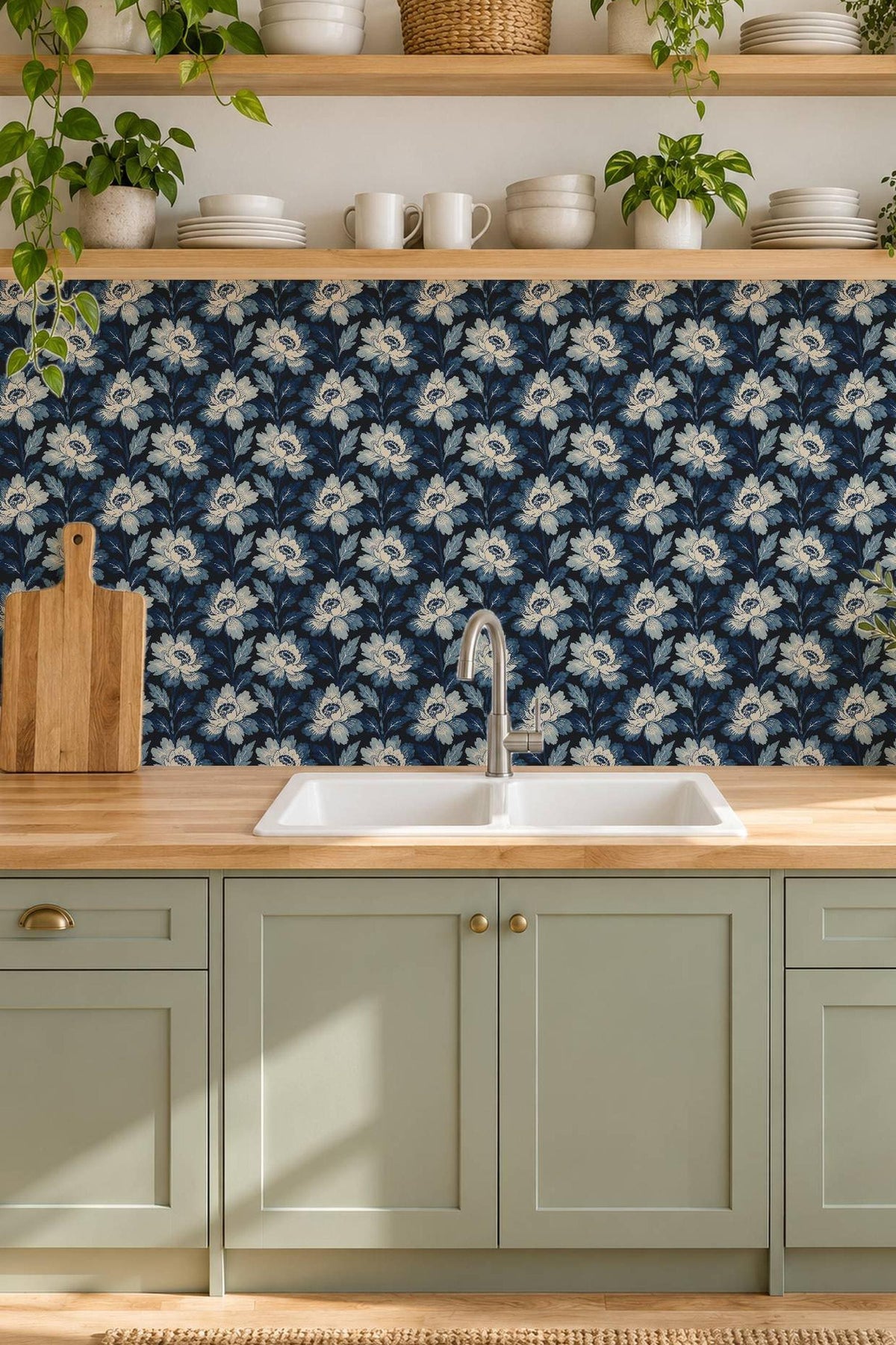 Navy Botanical Bloom peel and stick tile decals