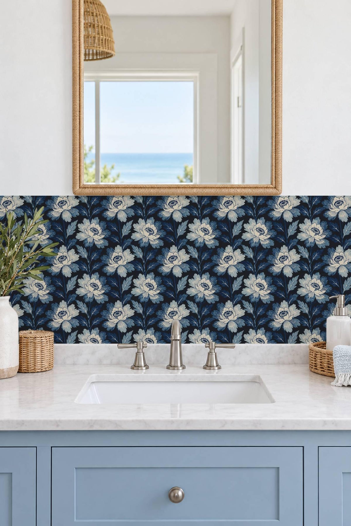 Navy Botanical Bloom peel and stick tile decals, photo 4 of 8