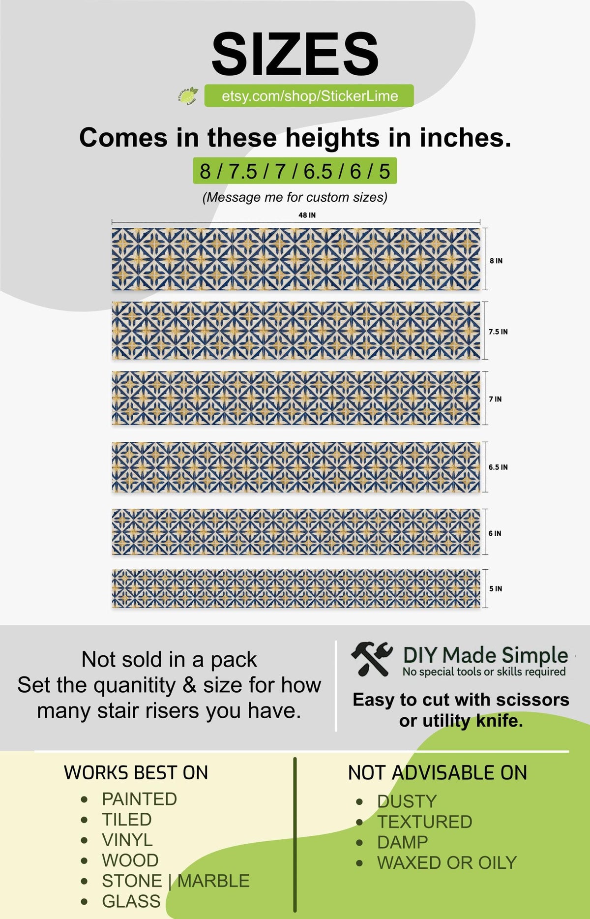 Navy Medieval Geometric Lattice peel and stick stair riser decals, photo 3 of 8
