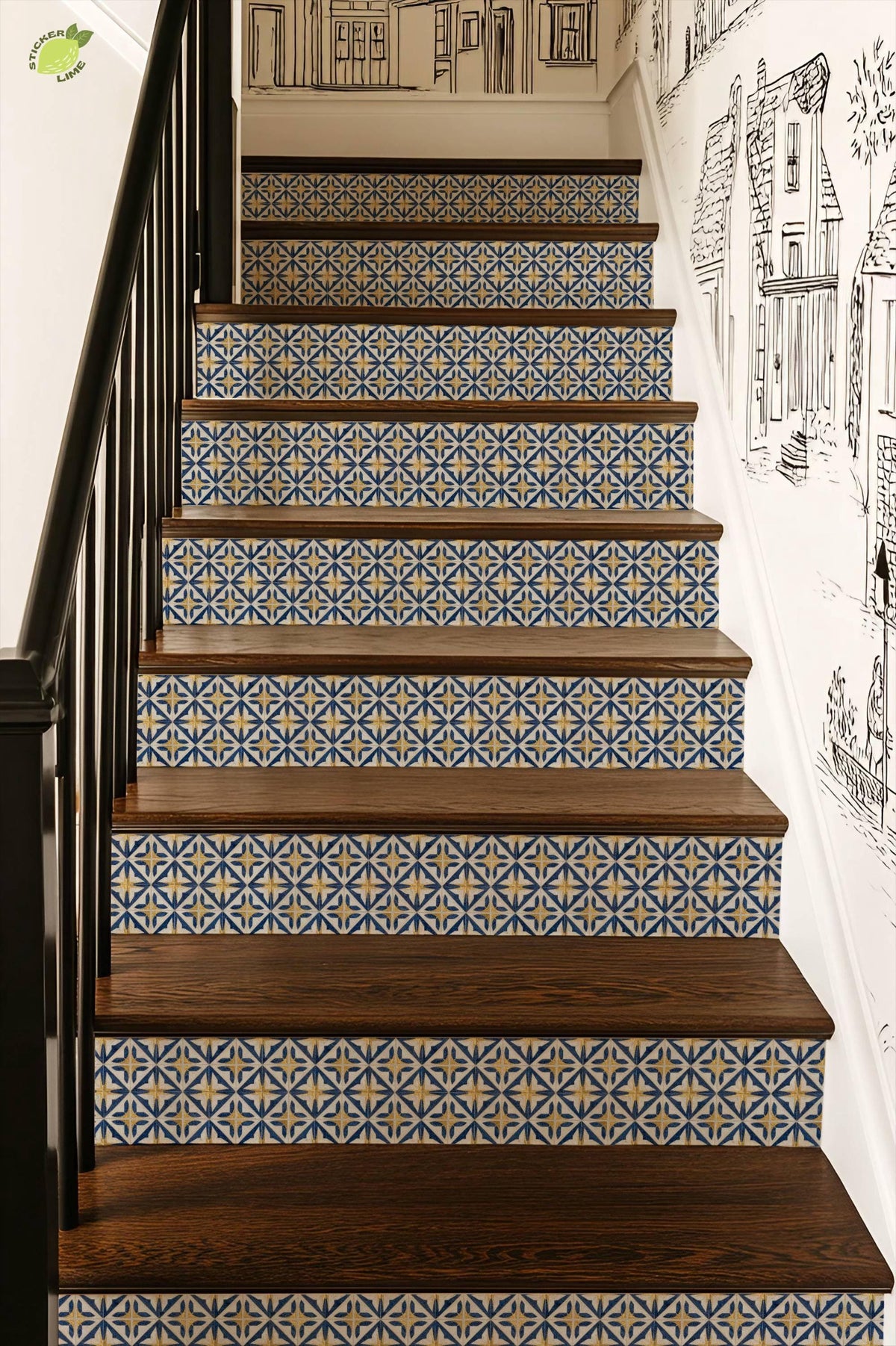Navy Medieval Geometric Lattice peel and stick stair riser decals, photo 4 of 8