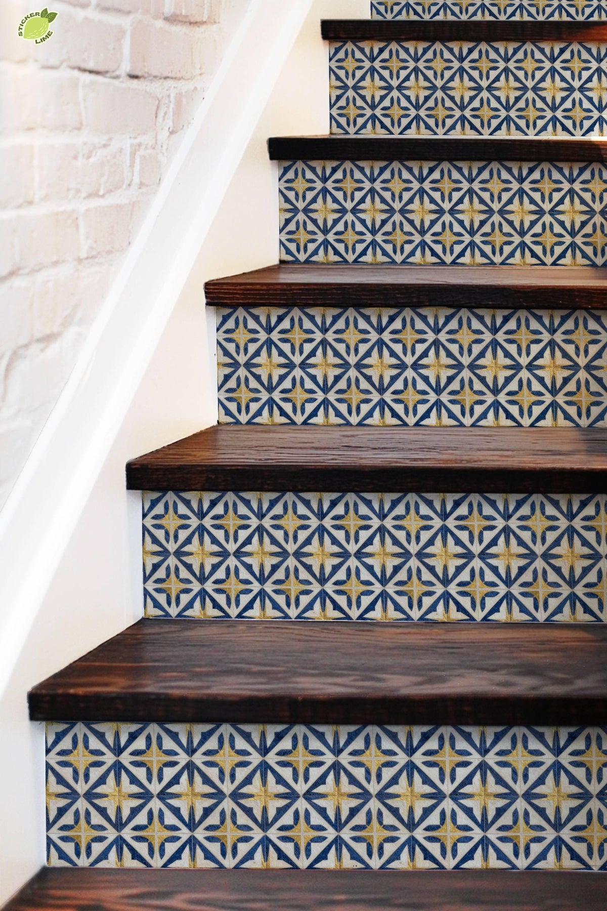 Navy Medieval Geometric Lattice peel and stick stair riser decals, photo 5 of 8