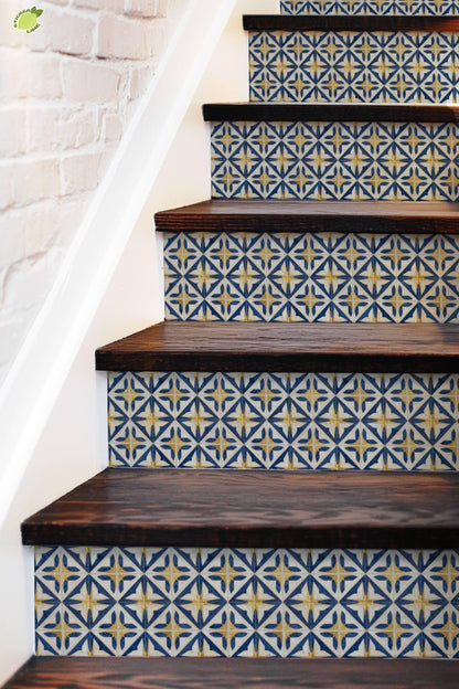 Navy Medieval Geometric Lattice peel and stick stair riser decals, photo 5 of 8