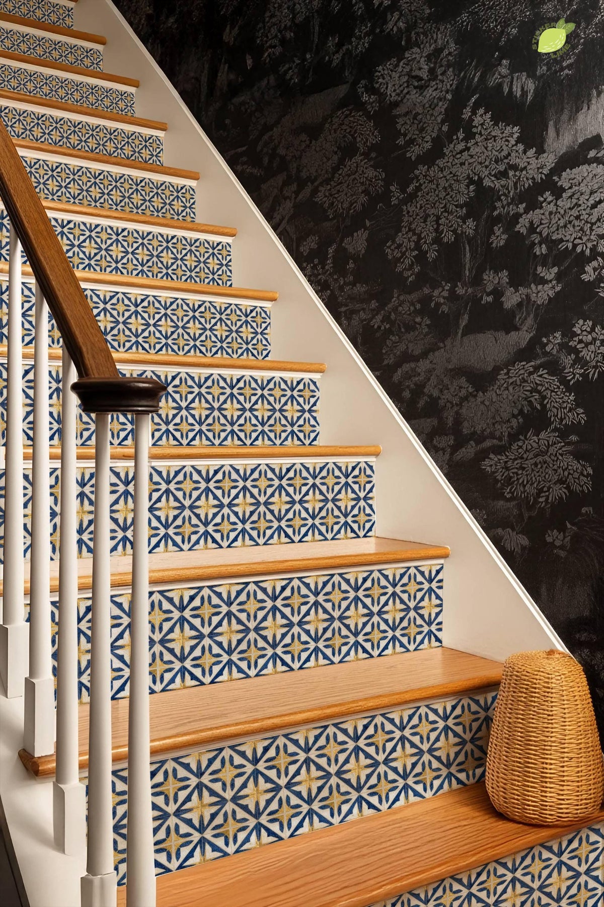 Navy Medieval Geometric Lattice peel and stick stair riser decals, photo 6 of 8
