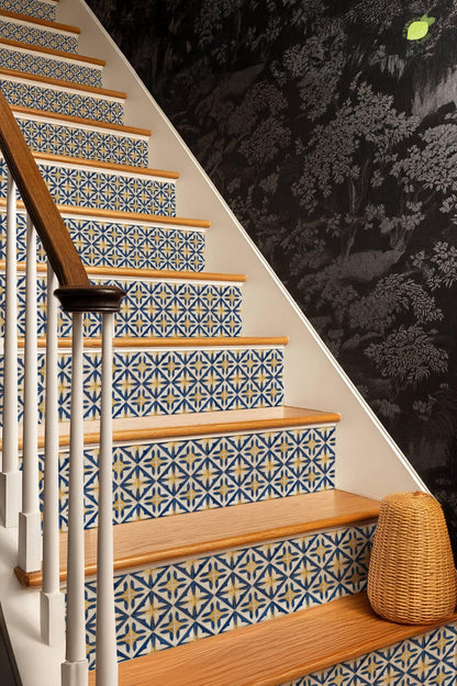 Navy Medieval Geometric Lattice peel and stick stair riser decals, photo 6 of 8